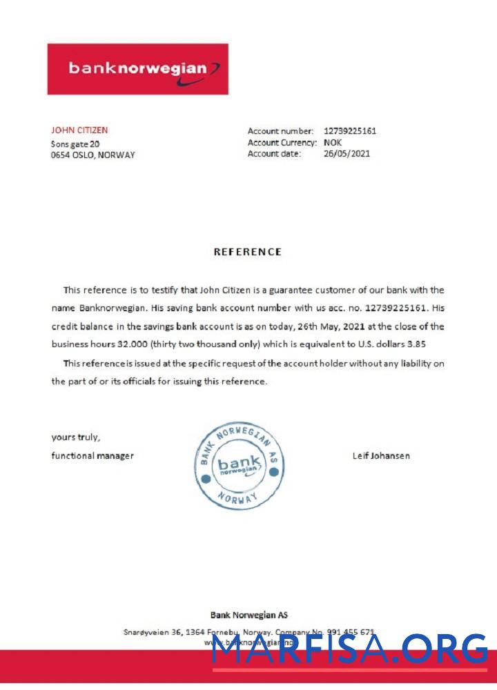 Printable Norway Bank Norwegian reference example